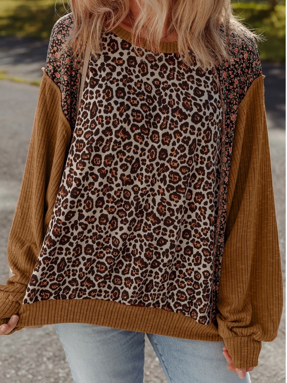 New! Gigio XL Brown Leopard Floral Patchwork Ribbed Crewneck Sweater Top